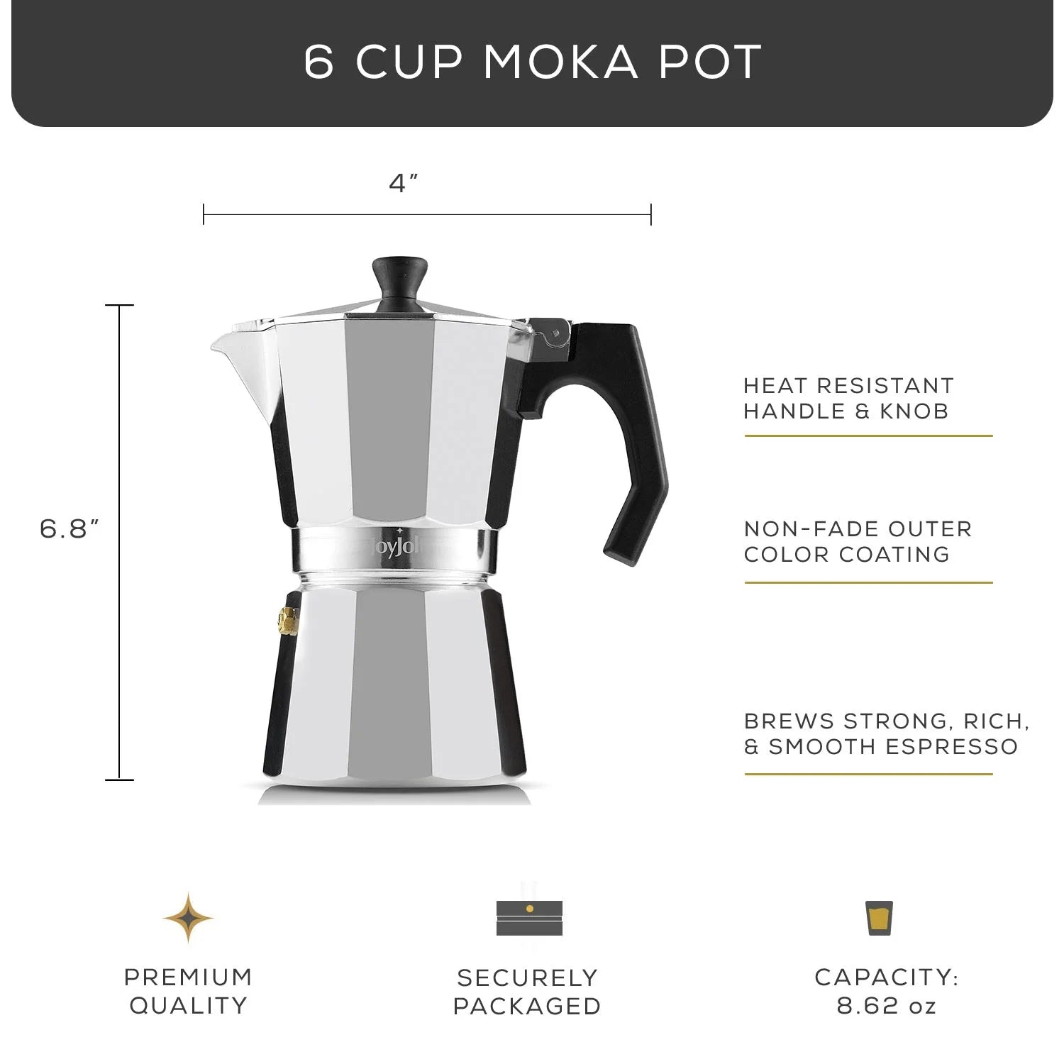 Italian Moka Pot Stovetop Aluminum Espresso Maker [6 Cup]- Silver