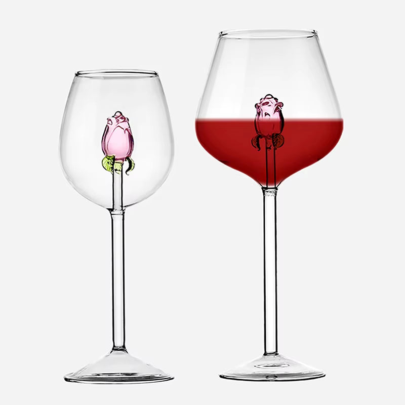 Creative 3D Pink Glass Rose Build-In Red White Wine Glasses Cup Drinkware Goblet Champagne Flute Household Lovely Valentine Gift