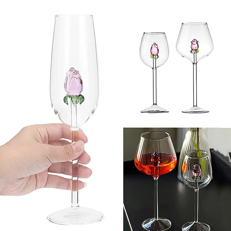 Creative 3D Pink Glass Rose Build-In Red White Wine Glasses Cup Drinkware Goblet Champagne Flute Household Lovely Valentine Gift