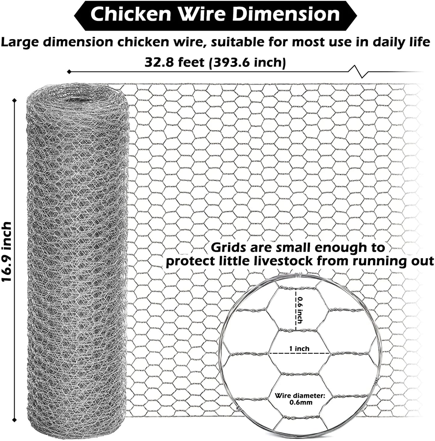 Chicken Wire Fencing Mesh 16.9Inx32.8Ft, 0.6'' Fences Hexagonal Silver