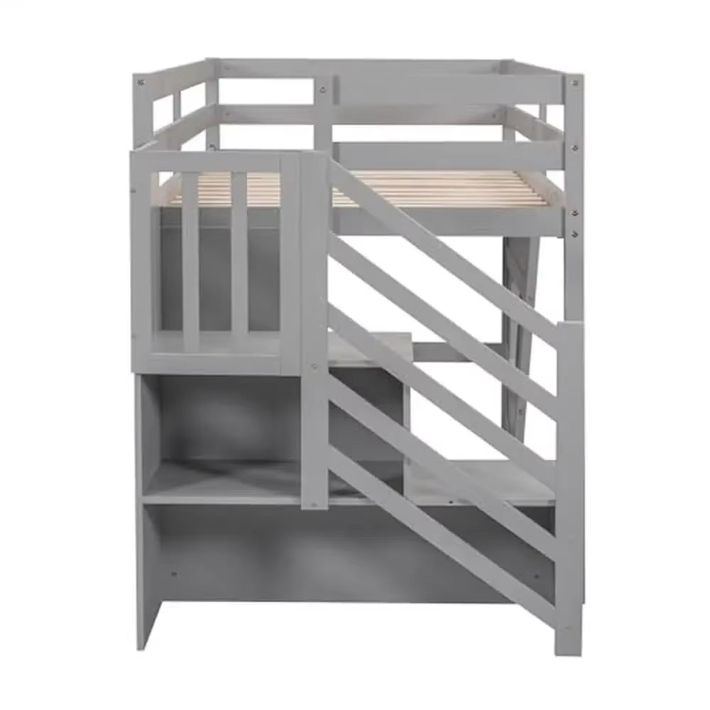 Twin Low Loft Bed with Stairs & Storage Kids Solid Pine Wood Gray Finish High Safety Guard Rails Shelves& Movable Desk Modern